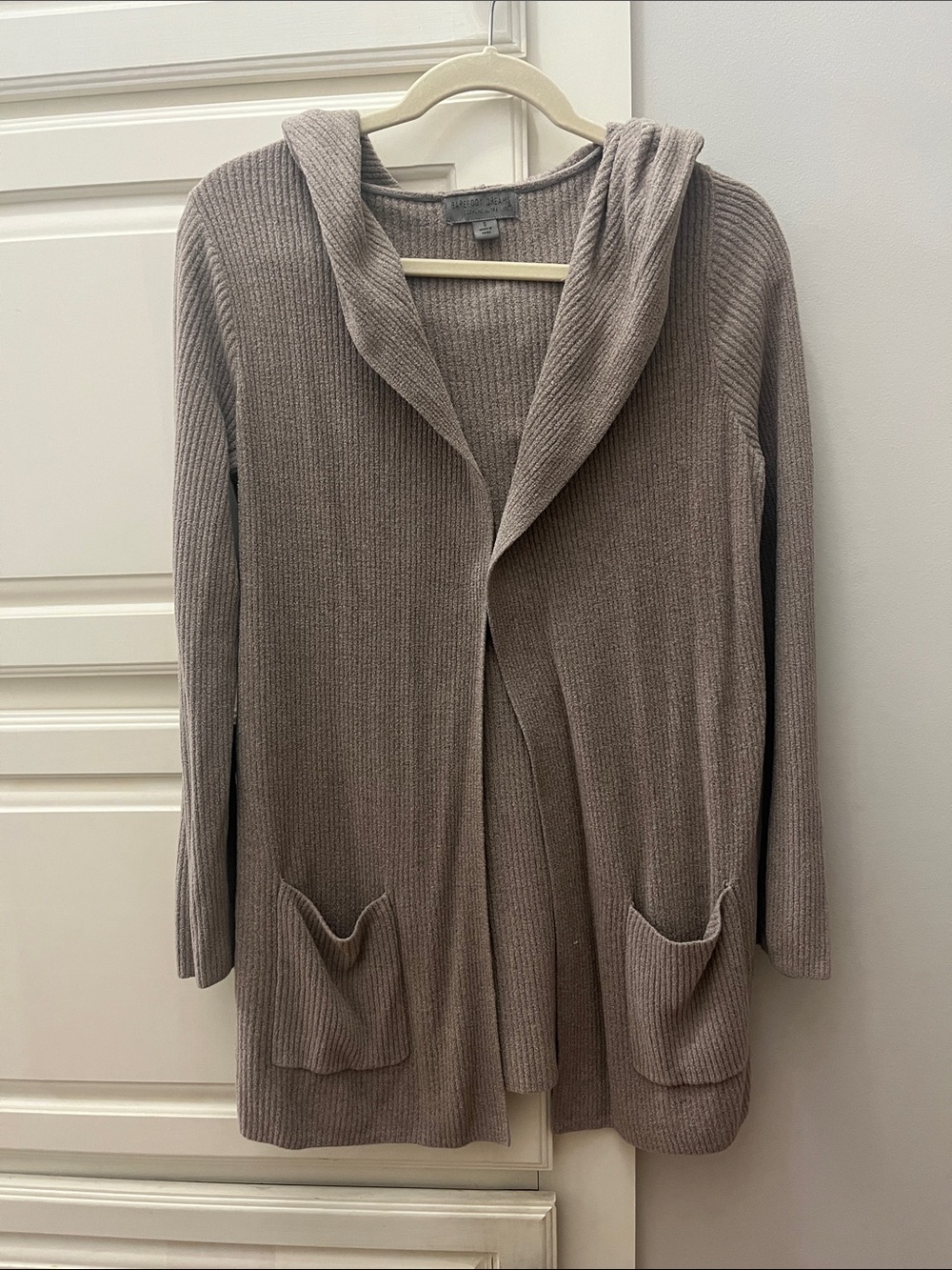 Barefoot Dreams Hooded Open-Front Ribbed Cardigan Sweater - Taupe